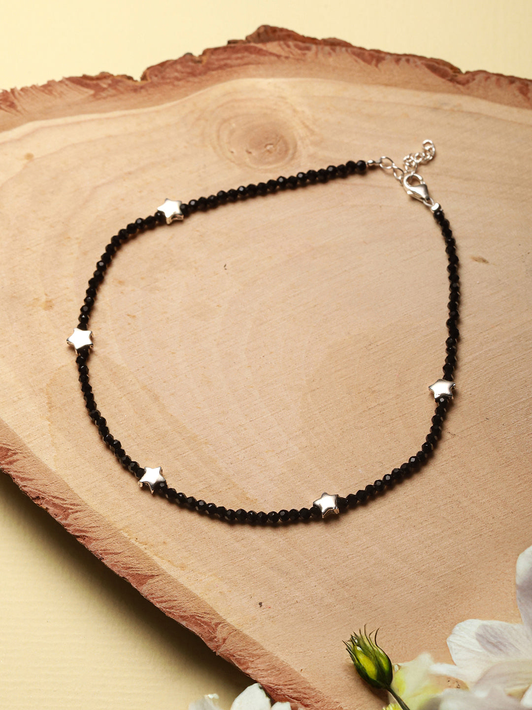 925 Sterling Silver Black Beads Star Shaped Charms Payal Anklet